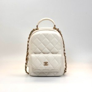 Pre-Owned/ Pre-Loved/ Second-Hand Chanel Mini Backpack Cavair, Bag in White, Light Gold Hardware Color, Mini Size, Front View