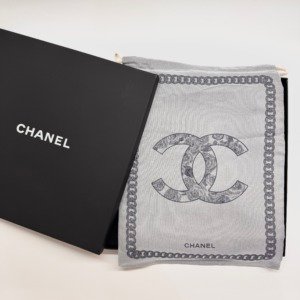 b202601954-chanel-cc-rectangle-silk-shawlscarf Pre-Owned/ Pre-Loved/ Second-Hand Chanel CC Rectangle Silk Shawl/Scarf, Others in Dual colour (Grey, Dark Blue) Color, 140cm Size, Front View