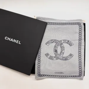 b202601954-chanel-cc-rectangle-silk-shawlscarf Pre-Owned/ Pre-Loved/ Second-Hand Chanel CC Rectangle Silk Shawl/Scarf, Others in Dual colour (Grey, Dark Blue) Color, 140cm Size, Front View