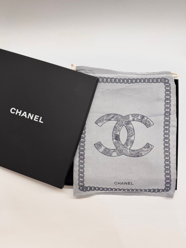 Pre-Owned/ Pre-Loved/ Second-Hand Chanel CC Rectangle Silk Shawl/Scarf, Others in Dual colour (Grey, Dark Blue) Color, 140cm Size, Front View