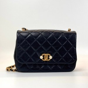 Pre-Owned/ Pre-Loved/ Second-Hand Chanel Pearl Strap Seasonal Flap Bag in Calf, Bag in Black, Gold Hardware Color,  Size, Front View
