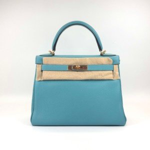 b202606986-hermes-kelly-28-clemence Pre-Owned/ Pre-Loved/ Second-Hand Hermes Kelly 28 Clemence, Bag in Blue Saint, Gold Hardware Color, 28cm Size, Front View
