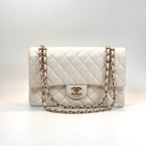 Pre-Owned/ Pre-Loved/ Second-Hand Chanel Medium Classic Flap Caviar, Bag in White, Light Gold Hardware Color, Medium Size, Front View