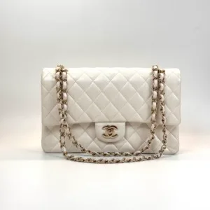 Pre-Owned/ Pre-Loved/ Second-Hand Chanel Medium Classic Flap Caviar, Bag in White, Light Gold Hardware Color, Medium Size, Front View