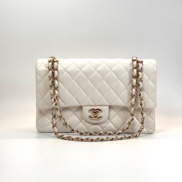 Pre-Owned/ Pre-Loved/ Second-Hand Chanel Medium Classic Flap Caviar, Bag in White, Light Gold Hardware Color, Medium Size, Front View