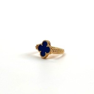 Pre-Owned/ Pre-Loved/ Second-Hand Van Cleef & Arpels (VCA) Alhambra Reversible Ring Diamond Guilloche Agate, Ring in Guilloche, Blue Agate, Yellow Gold Color, 50 Size, Front View