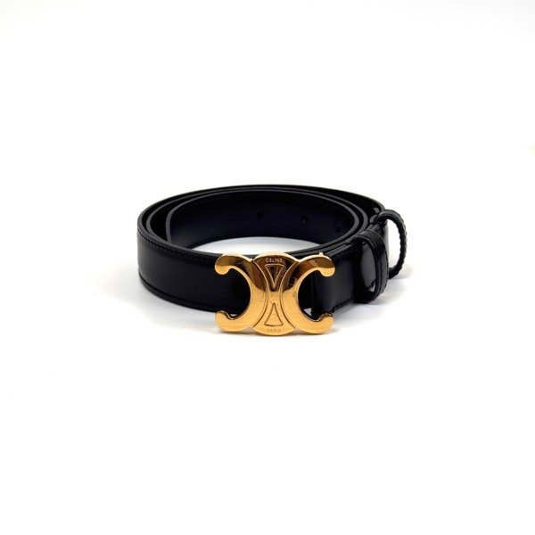 Pre-Owned/ Pre-Loved/ Second-Hand Celine Triomphe Belt, Others in Black, Gold Hardware Color, 25mm, 75cm length Size, Front View