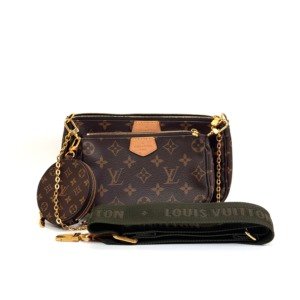 Pre-Owned/ Pre-Loved/ Second-Hand Louis Vuitton (LV) Multi Pochette (Green Strap), Bag in Monogram, Gold Hardware Color,  Size, Front View