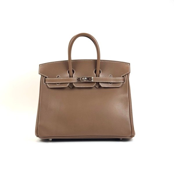 Pre-Owned/ Pre-Loved/ Second-Hand Hermes Birkin 25 Tadelakt , Bag in Etoupe, Palladium Hardware Color, 25 Size, Front View
