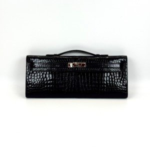 Pre-Owned/ Pre-Loved/ Second-Hand Hermes Kelly Cut Shiny Porosus Croc, Bag in Black, Palladium Hardware Color, 31 x 13 x 2.5 cm Size, Front View