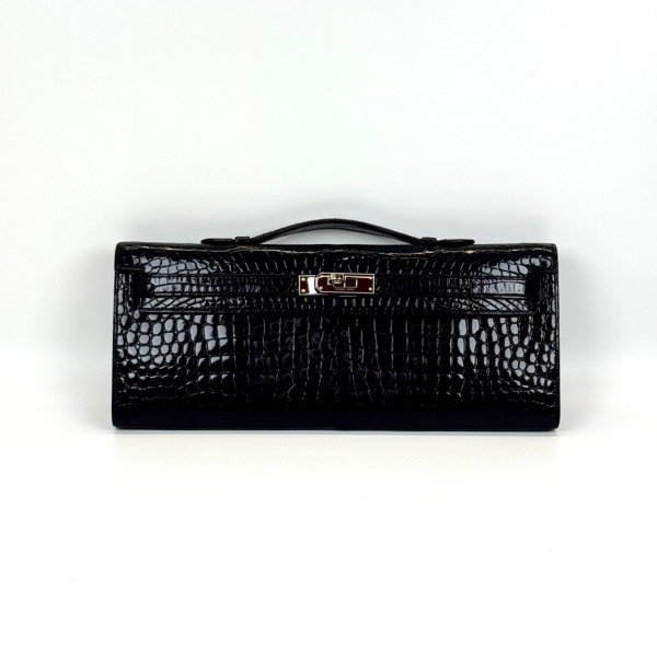 b2026061042-hermes-kelly-cut-shiny-porosus-croc Pre-Owned/ Pre-Loved/ Second-Hand Hermes Kelly Cut Shiny Porosus Croc, Bag in Black, Palladium Hardware Color, 31 x 13 x 2.5 cm Size, Front View