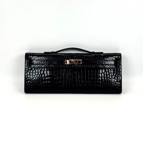 b2026061042-hermes-kelly-cut-shiny-porosus-croc Pre-Owned/ Pre-Loved/ Second-Hand Hermes Kelly Cut Shiny Porosus Croc, Bag in Black, Palladium Hardware Color, 31 x 13 x 2.5 cm Size, Front View