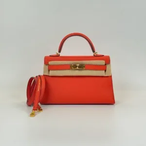 b2026061048-hermes-mini-kelly-ii-kelly-20-chevre Pre-Owned/ Pre-Loved/ Second-Hand Hermes Mini Kelly II Kelly 20 Chevre, Bag in Capucine, Gold Hardware Color, 20 Size, Front View