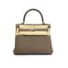 b2026061054-hermes-kelly-25-togo-1 Pre-Owned/ Pre-Loved/ Second-Hand Hermes Kelly 25 Togo, Bag in Etoupe, Palladium Hardware Color, 25cm Size, Front View