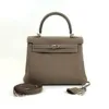 b2026061054-hermes-kelly-25-togo Pre-Owned/ Pre-Loved/ Second-Hand Hermes Kelly 25 Togo, Bag in Etoupe, Palladium Hardware Color, 25cm Size, Front View