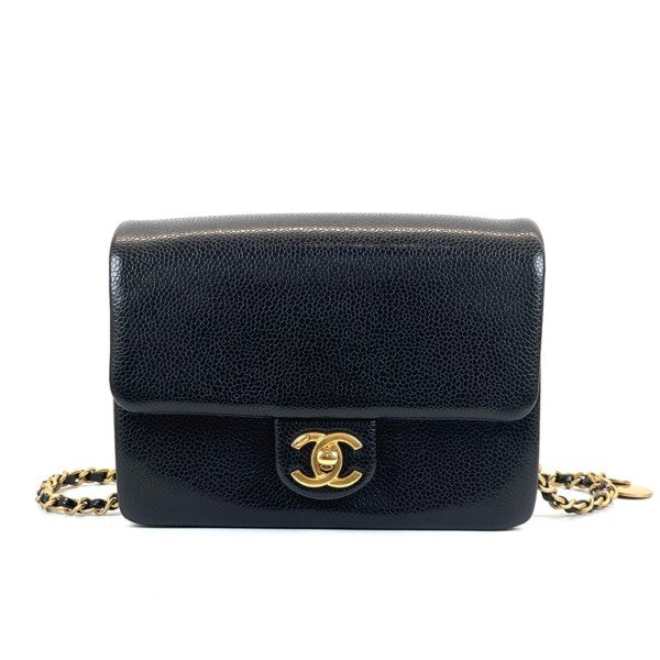Pre-Owned/ Pre-Loved/ Second-Hand Chanel 25K Caviar Mini Flap Square, Bag in Black, Gold Hardware Color, 17.5 x 12 x 5 cm Size, Front View