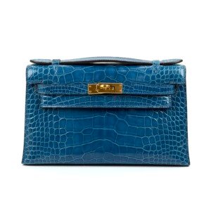 Pre-Owned/ Pre-Loved/ Second-Hand Hermes Kelly Pochette Mini Kelly I Alligator, Bag in Blue Mykonos, Gold Hardware Color, Mini Size, Front View