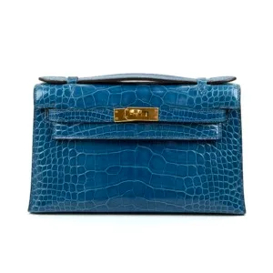 Pre-Owned/ Pre-Loved/ Second-Hand Hermes Kelly Pochette Mini Kelly I Alligator, Bag in Blue Mykonos, Gold Hardware Color, Mini Size, Front View