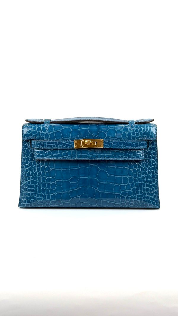 Pre-Owned/ Pre-Loved/ Second-Hand Hermes Kelly Pochette Mini Kelly I Alligator, Bag in Blue Mykonos, Gold Hardware Color, Mini Size, Front View