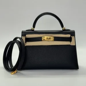 Pre-Owned/ Pre-Loved/ Second-Hand Hermes Mini Kelly II Kelly 20 Epsom, Bag in Black, Gold Hardware Color, 20cm Size, Front View