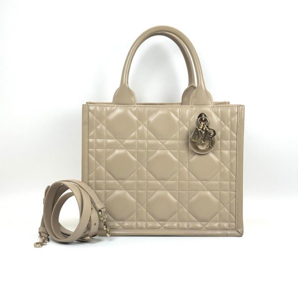 Pre-Owned/ Pre-Loved/ Second-Hand Dior Small Leather Book Tote, Bag in Desert Taupe (Brown Beige) Color, Small 26.5 x 22 x 14cm Size, Front View