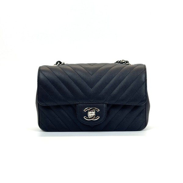 Pre-Owned/ Pre-Loved/ Second-Hand Chanel Caviar Chevron Mini Rectangle, Bag in Black Color, Mini Size, Front View