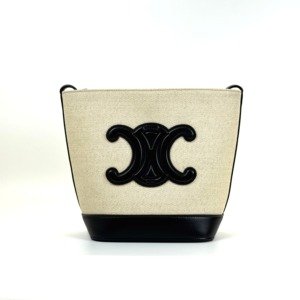 b202504438-celine-triomphe-bucket-bag-canvas Pre-Owned/ Pre-Loved/ Second-Hand Celine Triomphe Bucket Bag Canvas, Bag in Black, Beige Color, 17 X 22 X 10 CM Size, Front View