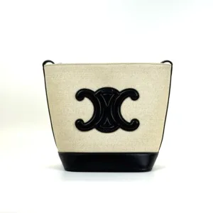 Pre-Owned/ Pre-Loved/ Second-Hand Celine Triomphe Bucket Bag Canvas, Bag in Black, Beige Color, 17 X 22 X 10 CM Size, Front View