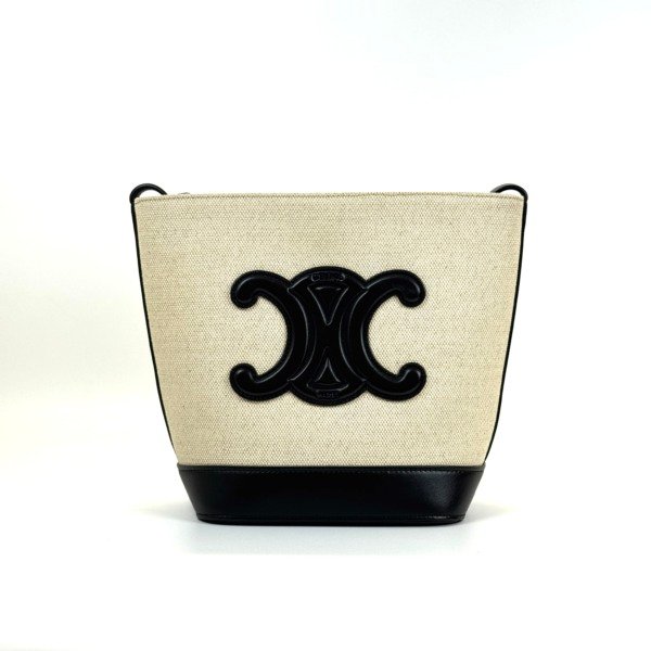 Pre-Owned/ Pre-Loved/ Second-Hand Celine Triomphe Bucket Bag Canvas, Bag in Black, Beige Color, 17 X 22 X 10 CM Size, Front View