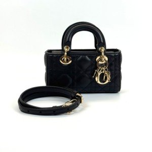 b202513618-dior-micro-lady-d-joy-dual-strap Pre-Owned/ Pre-Loved/ Second-Hand Dior Micro Lady D-Joy Dual Strap, Bag in Black, Gold Hardware Color, 16 x 9 x 5 cm Size, Front View