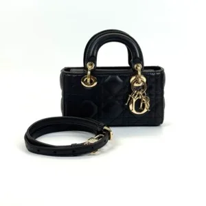 b202513618-dior-micro-lady-d-joy-dual-strap Pre-Owned/ Pre-Loved/ Second-Hand Dior Micro Lady D-Joy Dual Strap, Bag in Black, Gold Hardware Color, 16 x 9 x 5 cm Size, Front View