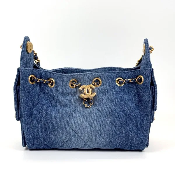 b2026011103-chanel-chanel-25-mini-denim Pre-Owned/ Pre-Loved/ Second-Hand Chanel Chanel 25 Mini Denim, Bag in Light Blue Denim, Gold Hardware Color, Mini Size, Front View
