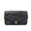 Pre-Owned/ Pre-Loved/ Second-Hand Chanel Studded Chevron Clutch , Bag in Black, Gold Hardware Color,  Size, Front View