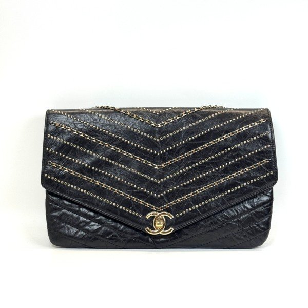 Pre-Owned/ Pre-Loved/ Second-Hand Chanel Studded Chevron Clutch , Bag in Black, Gold Hardware Color,  Size, Front View