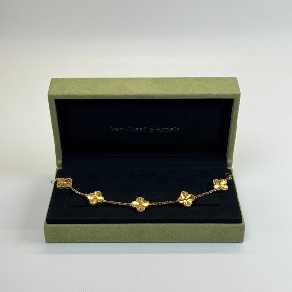 Pre-Owned/ Pre-Loved/ Second-Hand Van Cleef & Arpels (VCA) Guilloche 5 Motif Alhambra Bracelet, Bracelet in Yellow Gold Color,  Size, Front View