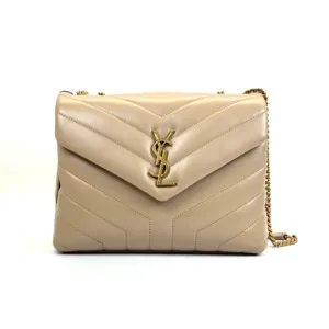 c202516614-saint-laurent-ysl-loulou-quilted-small Pre-Owned/ Pre-Loved/ Second-Hand Saint Laurent (YSL) Loulou Quilted Small, Bag in Dark Beige Color, Small Size, Front View