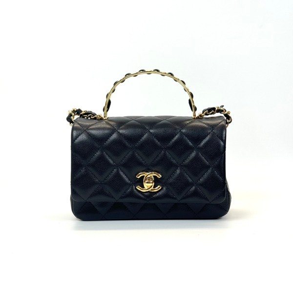 Pre-Owned/ Pre-Loved/ Second-Hand Chanel Top Handle Cavair Mini Flap (Coco Handle), Bag in Black, Gold Hardware Color, Mini Square Size, Front View