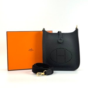 Pre-Owned/ Pre-Loved/ Second-Hand Hermes Mini Evelyne , Bag in Black, Gold Hardware Color,  Size, Front View