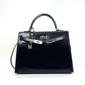 Pre-Owned/ Pre-Loved/ Second-Hand Hermes Kelly 32 Box, Bag in Black, Palladium Hardware Color, 32cm  Size, Front View