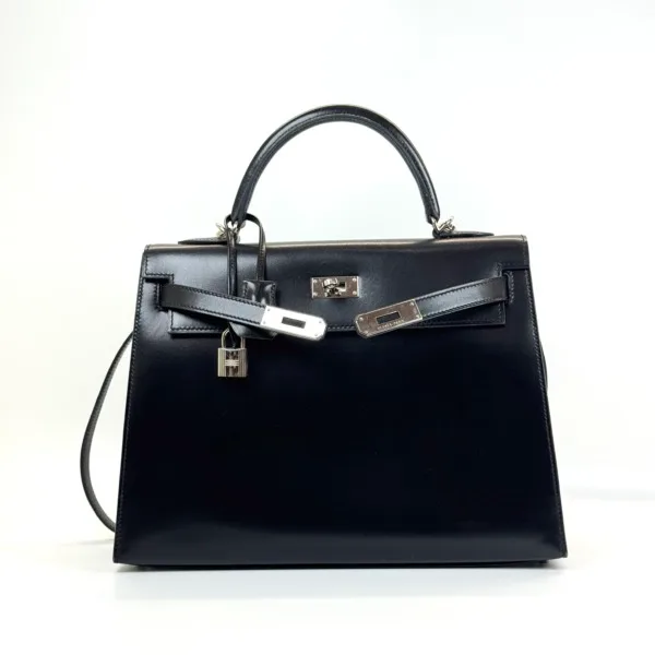c2026061083-hermes-kelly-32-box Pre-Owned/ Pre-Loved/ Second-Hand Hermes Kelly 32 Box, Bag in Black, Palladium Hardware Color, 32cm Size, Front View