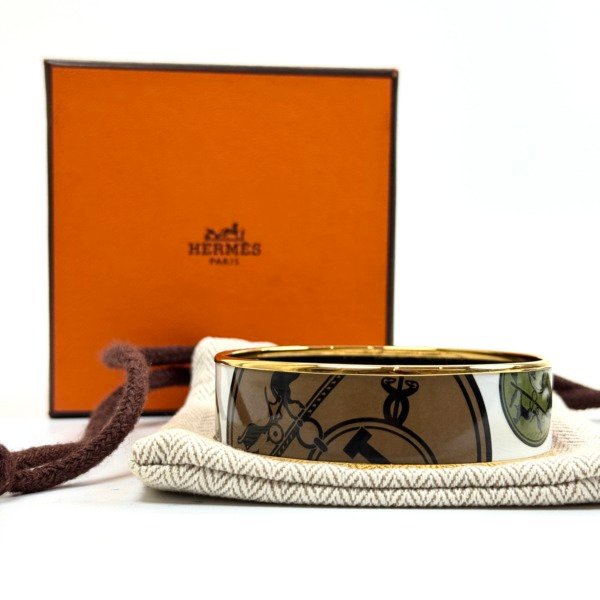 c2026061109-hermes-uni-bracelet Pre-Owned/ Pre-Loved/ Second-Hand Hermes Uni Bracelet, Bracelet in White, Brown Color, L Size, Front View