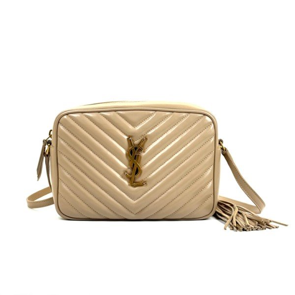 c2026161084-saint-laurent-ysl-camera-bag Pre-Owned/ Pre-Loved/ Second-Hand Saint Laurent (YSL) Camera Bag, Bag in Dark Beige Color, Size, Front View