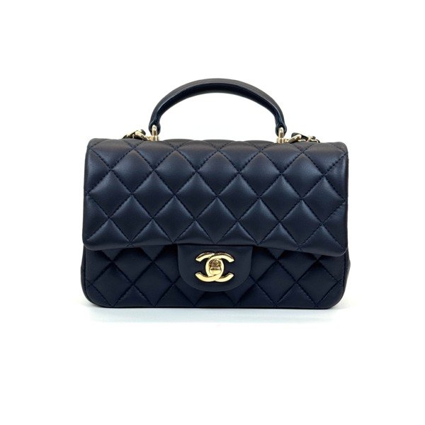 b2026011115-chanel-top-handle-mini-rectangle Pre-Owned/ Pre-Loved/ Second-Hand Chanel Top Handle Mini Rectangle , Bag in Dark Navy Blue Color, Size, Front View