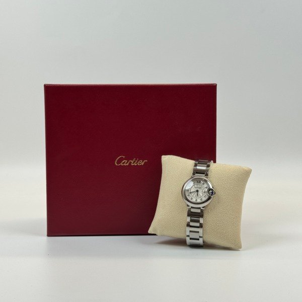 b2026031135-cartier-diamond-bleu-balloon-watch-28mm-we902073 Pre-Owned/ Pre-Loved/ Second-Hand Cartier DIamond Bleu Balloon Watch 28mm WE902073, Watch in Stainless Steel Color, 28mm, 2 watch links removed Size, Front View