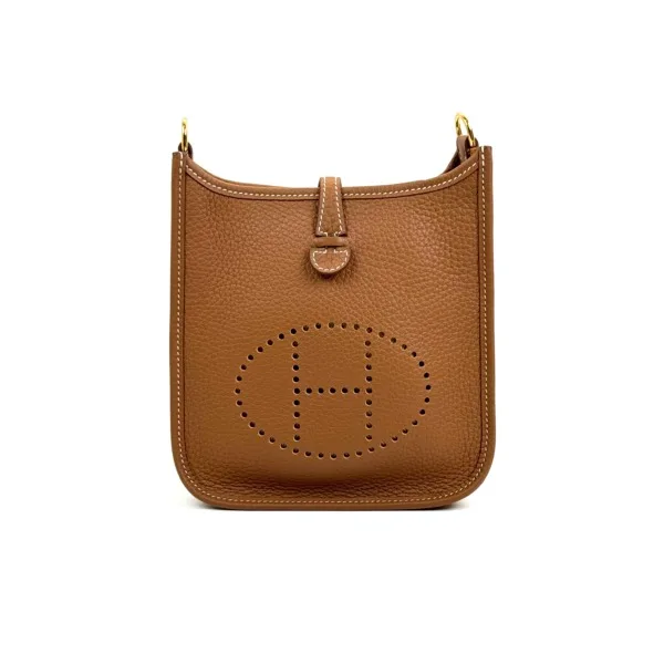 b2026061120-hermes-mini-evelyne-23 Pre-Owned/ Pre-Loved/ Second-Hand Hermes Mini Evelyne, Bag in Gold, Gold Hardware Color, Size, Front View