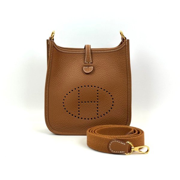 b2026061120-hermes-mini-evelyne-23 Pre-Owned/ Pre-Loved/ Second-Hand Hermes Mini Evelyne 23, Bag in Gold, Gold Hardware Color, Size, Front View