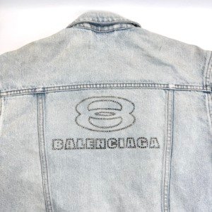 b2026121101-balenciaga-denim-jacket-5 Pre-Owned/ Pre-Loved/ Second-Hand Balenciaga Denim Jacket, Others in Blue Denim, Crystal Logo Color, 34 Size, Front View