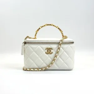 Pre-Owned/ Pre-Loved/ Second-Hand Chanel Top Handle Rectangle Vanity, Bag in White, Gold hardware Color,  Size, Front View