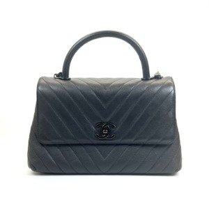 Pre-Owned/ Pre-Loved/ Second-Hand Chanel All Black Medium Coco Handle Chevron , Bag in Black Color,  Size, Front View