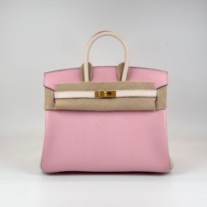 Pre-Owned/ Pre-Loved/ Second-Hand Hermes Birkin 25 Cherve, Bag in Sakura Pink, Nata, Brush Gold Color, 25 Size, Front View